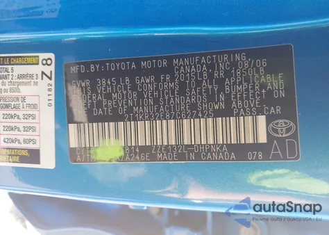 2007 Toyota Corolla Matrix Xr z USA, uszkodzony, nr VIN 2T1KR32E87C627425